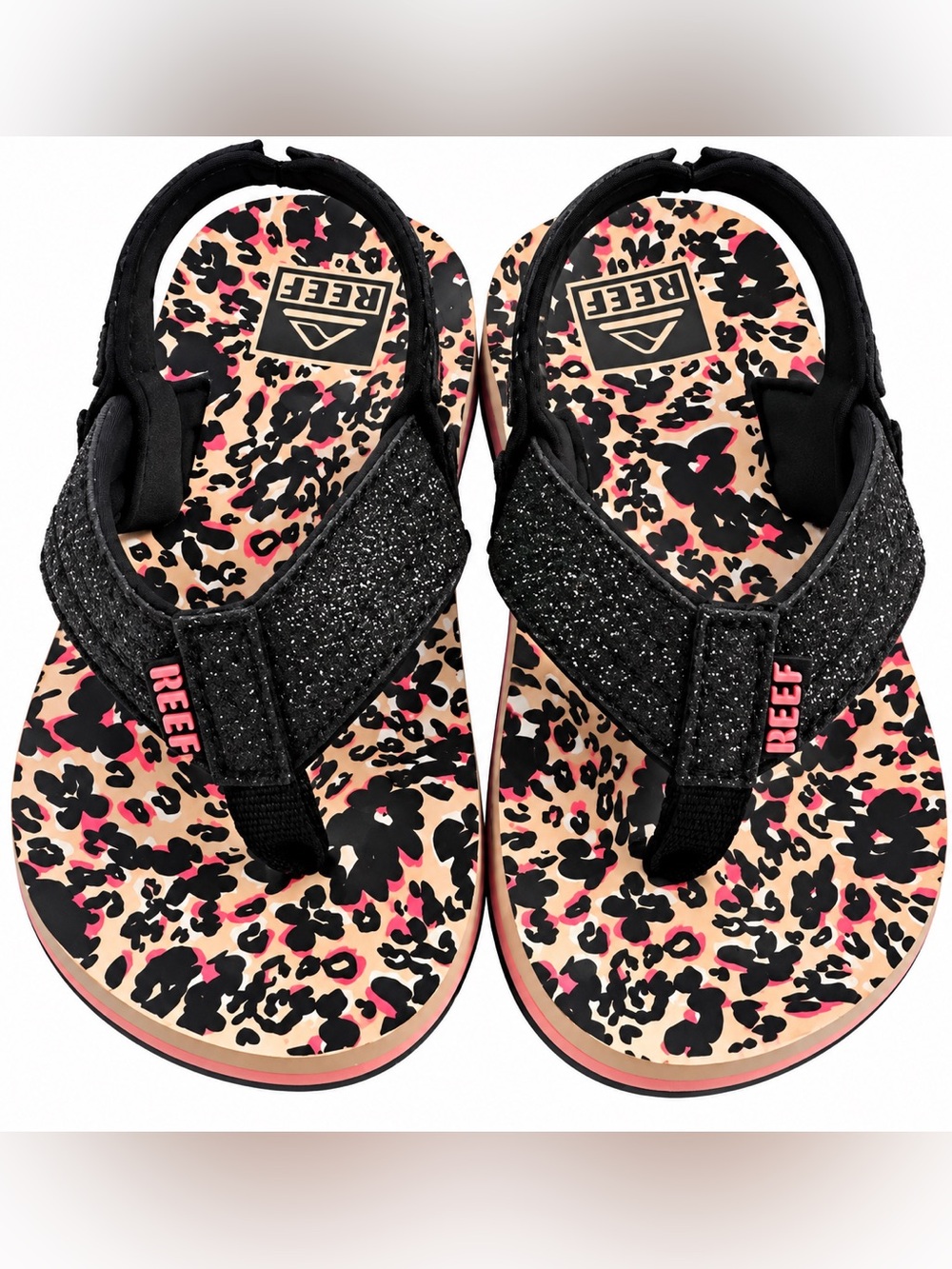 Reef Toddler Black Glitter Sandals with Pink and Beige Leopard Print
